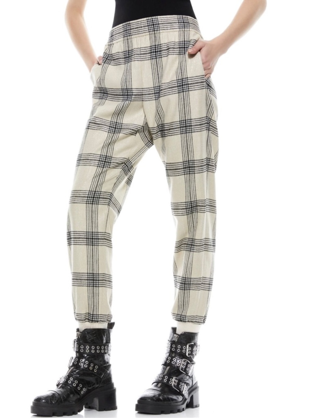 Alice + Olivia Pete Metallic Plaid Wool Joggers Size Small